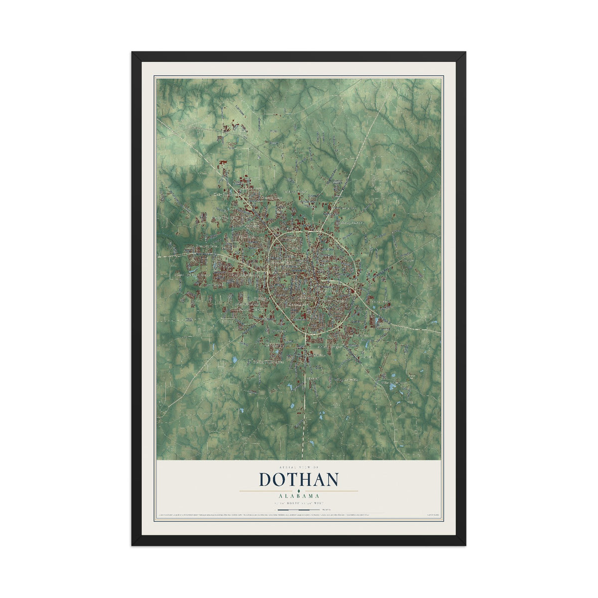 Map of Dothan, Alabama, 12 x 18 inch print in a black wood frame