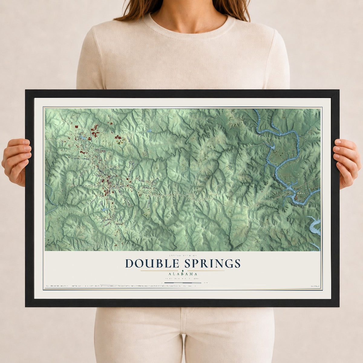 Map of Double Springs, Alabama, 12 x 18 inch print in a black wood frame