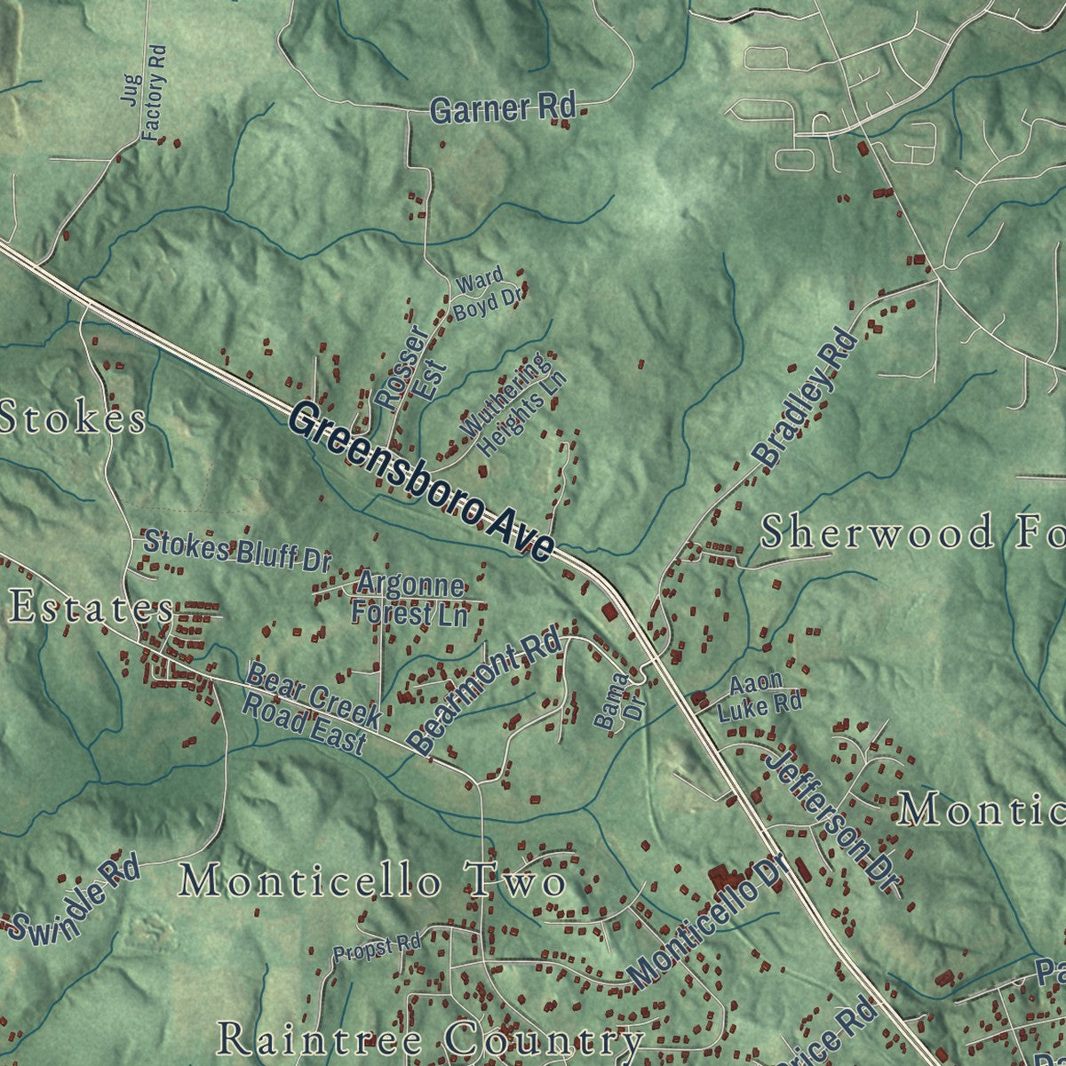 Close-up of the map of Duncanville, Alabama print showing street and building detail