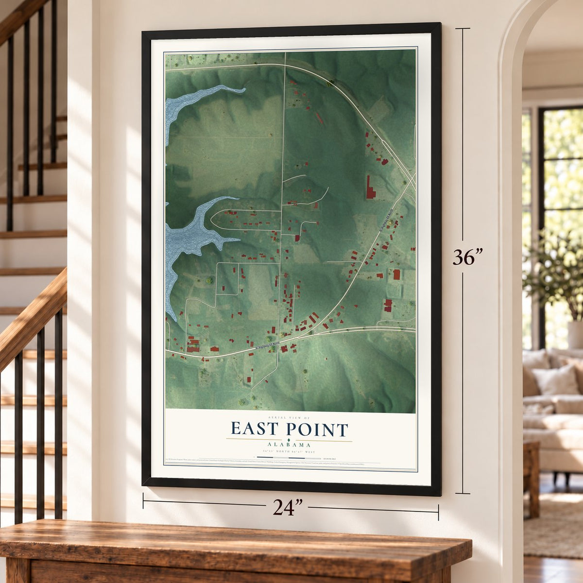 East Point, Alabama map, 24 x 36 inch print in a black frame by a staircase