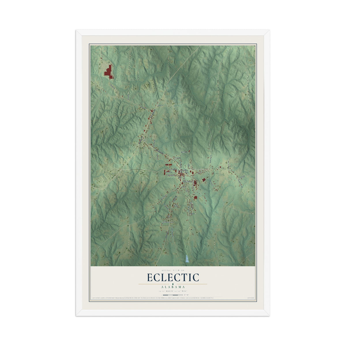 Map of Eclectic, Alabama, 12 x 18 inch print in a white wood frame