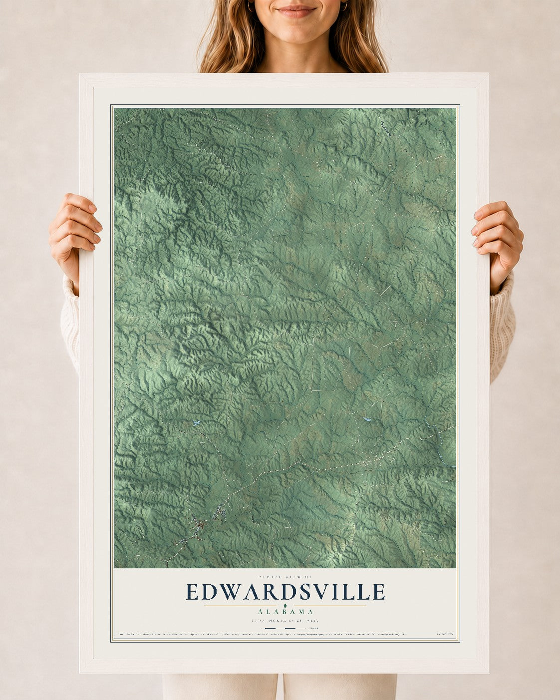 Map of Edwardsville, Alabama, 24 x 36 inch print in a white wood frame