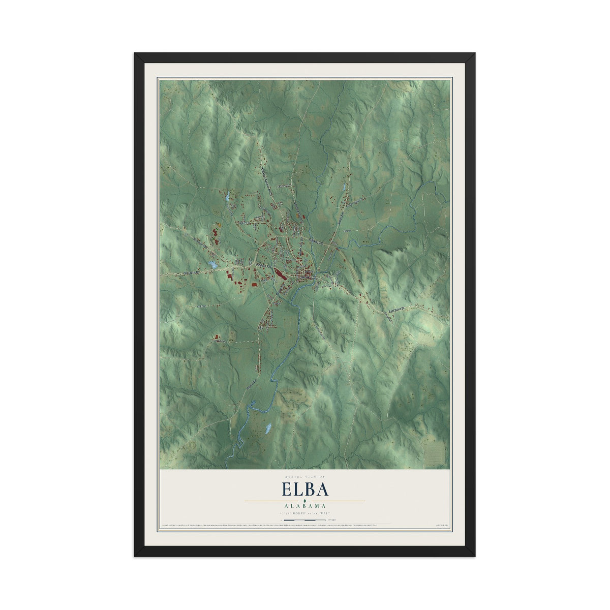 Map of Elba, Alabama, 12 x 18 inch print in a black wood frame