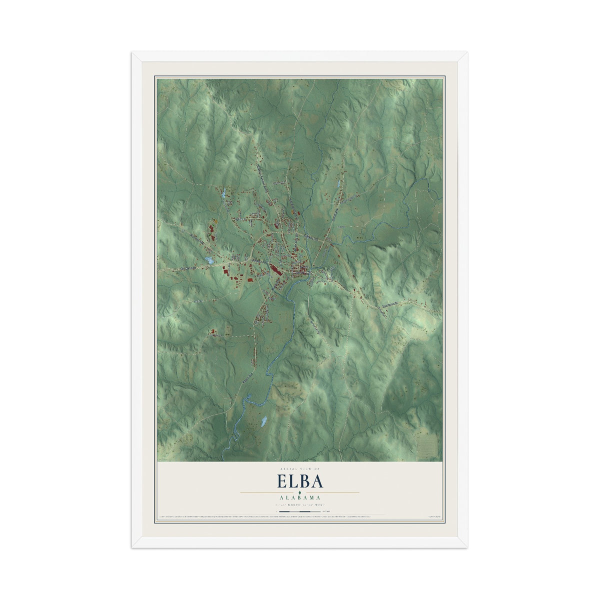 Map of Elba, Alabama, 12 x 18 inch print in a white wood frame