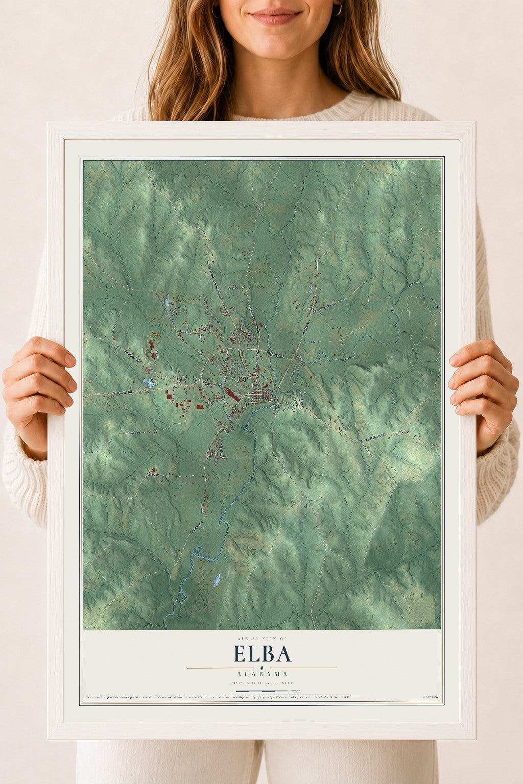 Map of Elba, Alabama, 18 x 24 inch print in a white wood frame