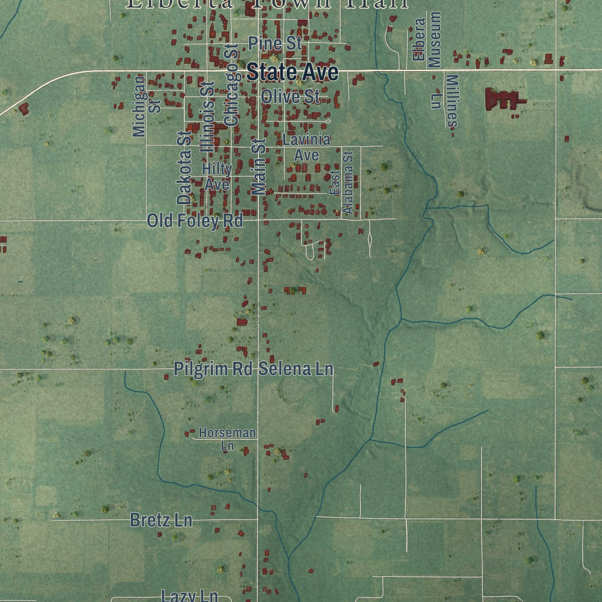 Second close-up of the map of Elberta, Alabama print showing more streets and buildings