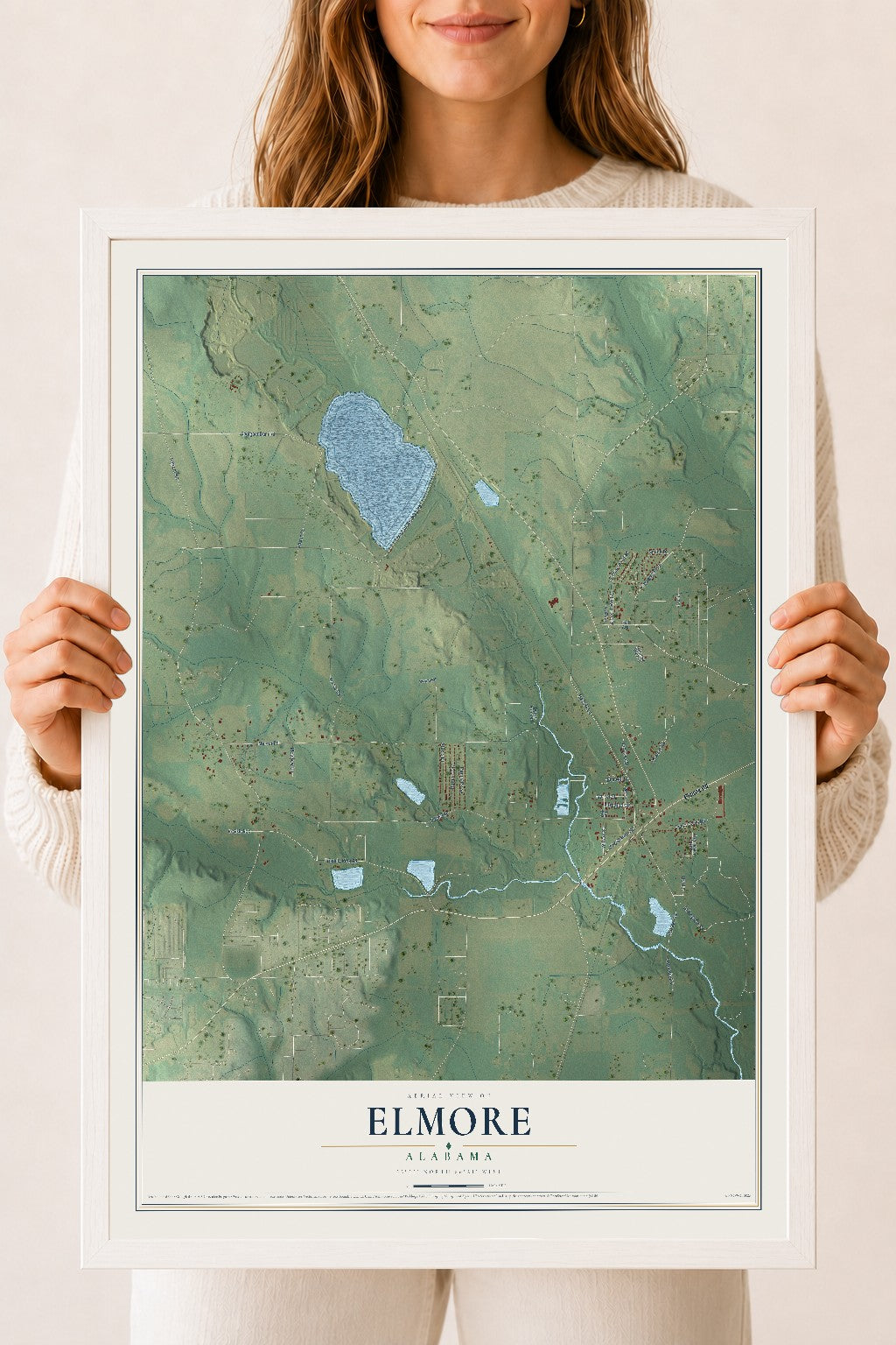 Map of Elmore, Alabama, 18 x 24 inch print in a white wood frame