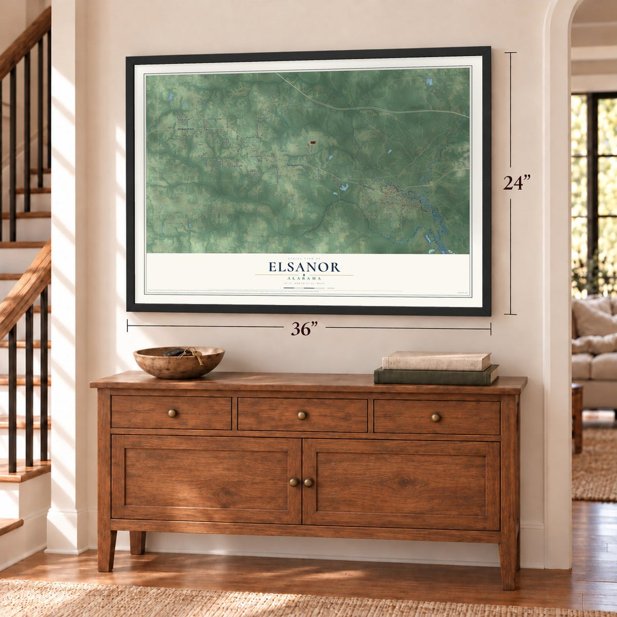 Elsanor, Alabama map, 24 x 36 inch print in a black frame above a dresser by a staircase