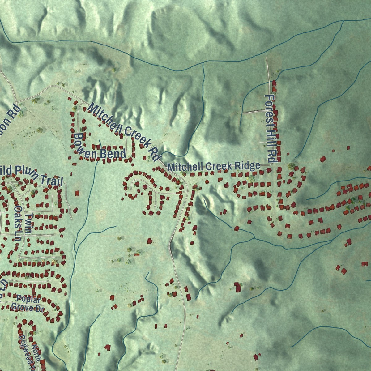 Close-up of the map of Emerald Mountain, Alabama print showing street and building detail