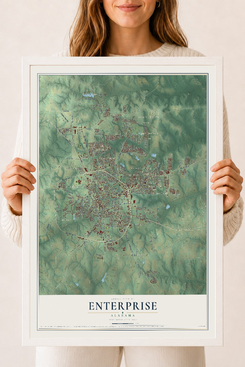 Map of Enterprise, Alabama, 18 x 24 inch print in a white wood frame