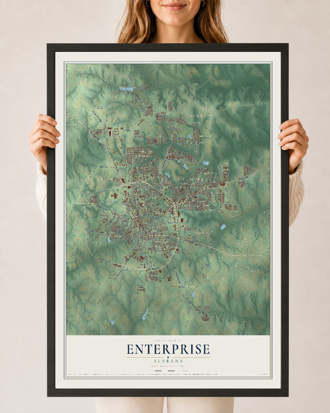 Map of Enterprise, Alabama, 24 x 36 inch print in a black wood frame