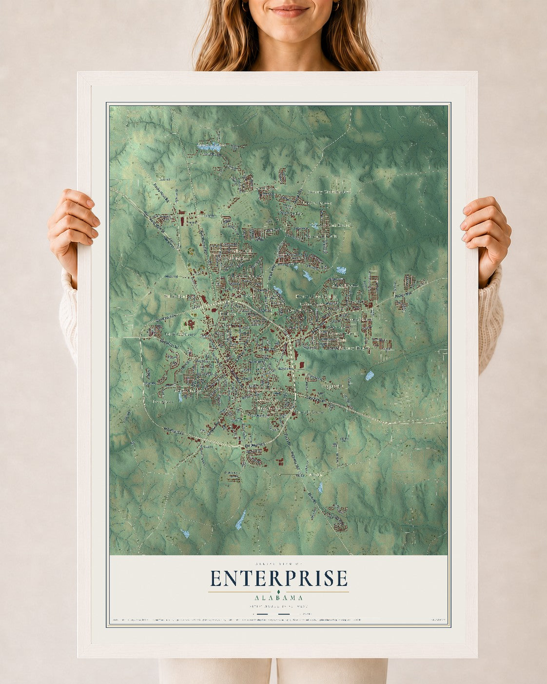 Map of Enterprise, Alabama, 24 x 36 inch print in a white wood frame