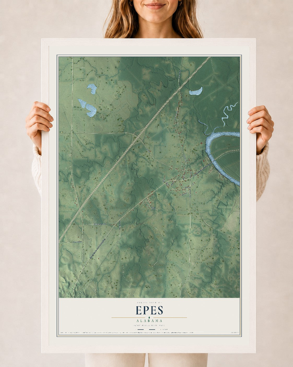 Map of Epes, Alabama, 24 x 36 inch print in a white wood frame