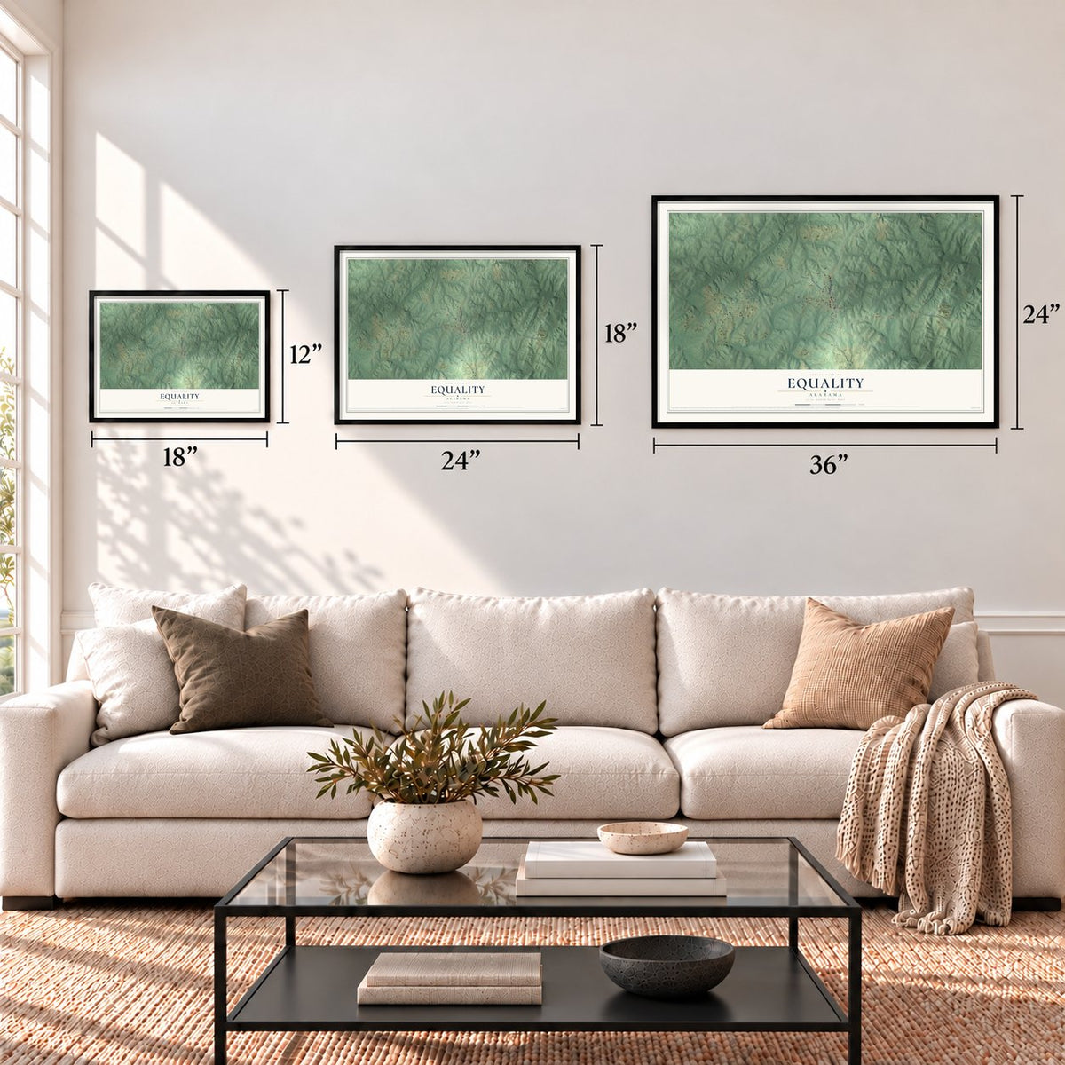 Equality, Alabama map in 12 x 18, 18 x 24 and 24 x 36 inch sizes above a sofa