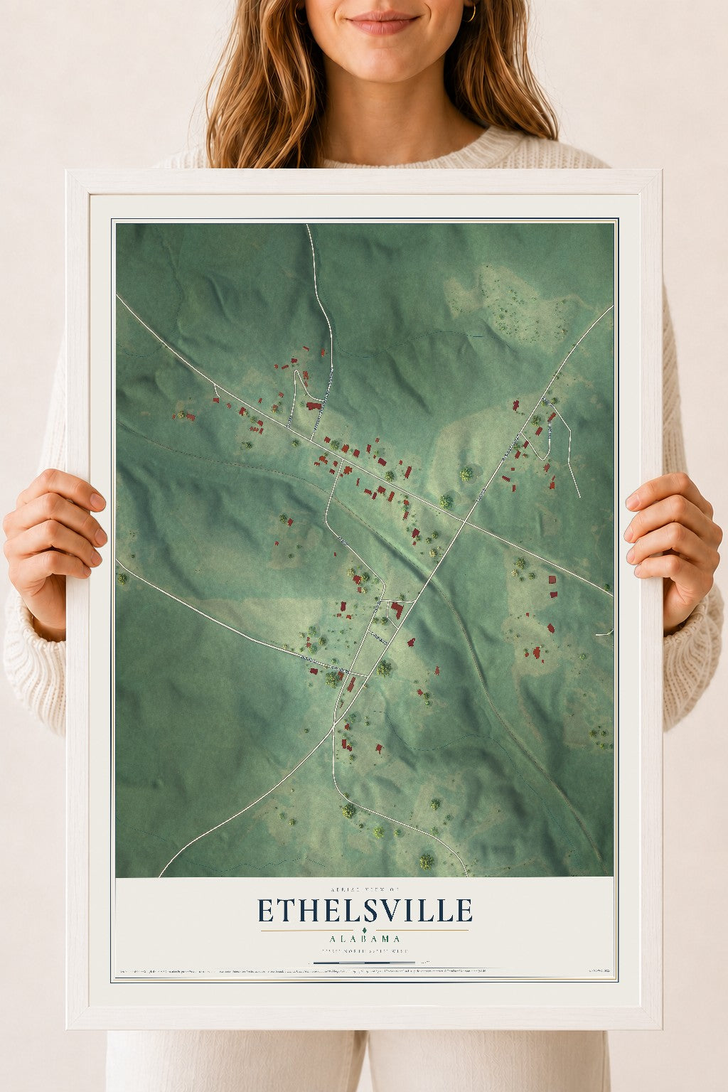 Map of Ethelsville, Alabama, 18 x 24 inch print in a white wood frame