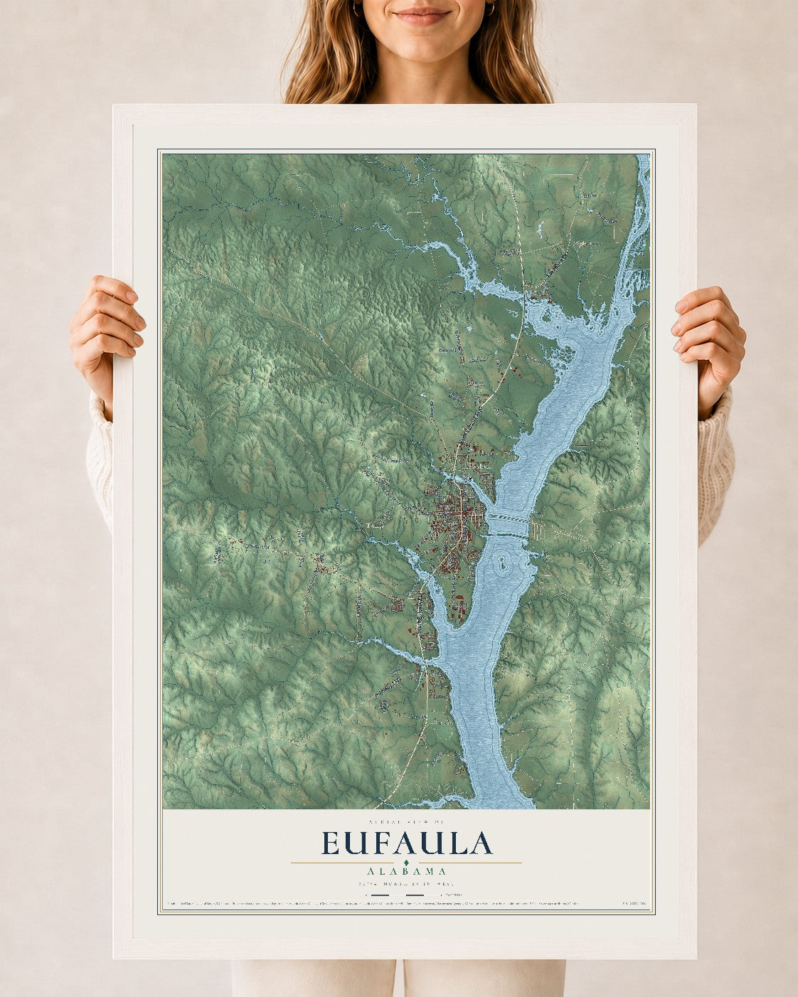 Map of Eufaula, Alabama, 24 x 36 inch print in a white wood frame