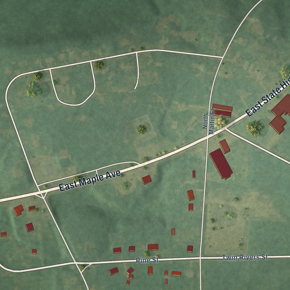 Close-up of the map of Eunola, Alabama print showing street and building detail