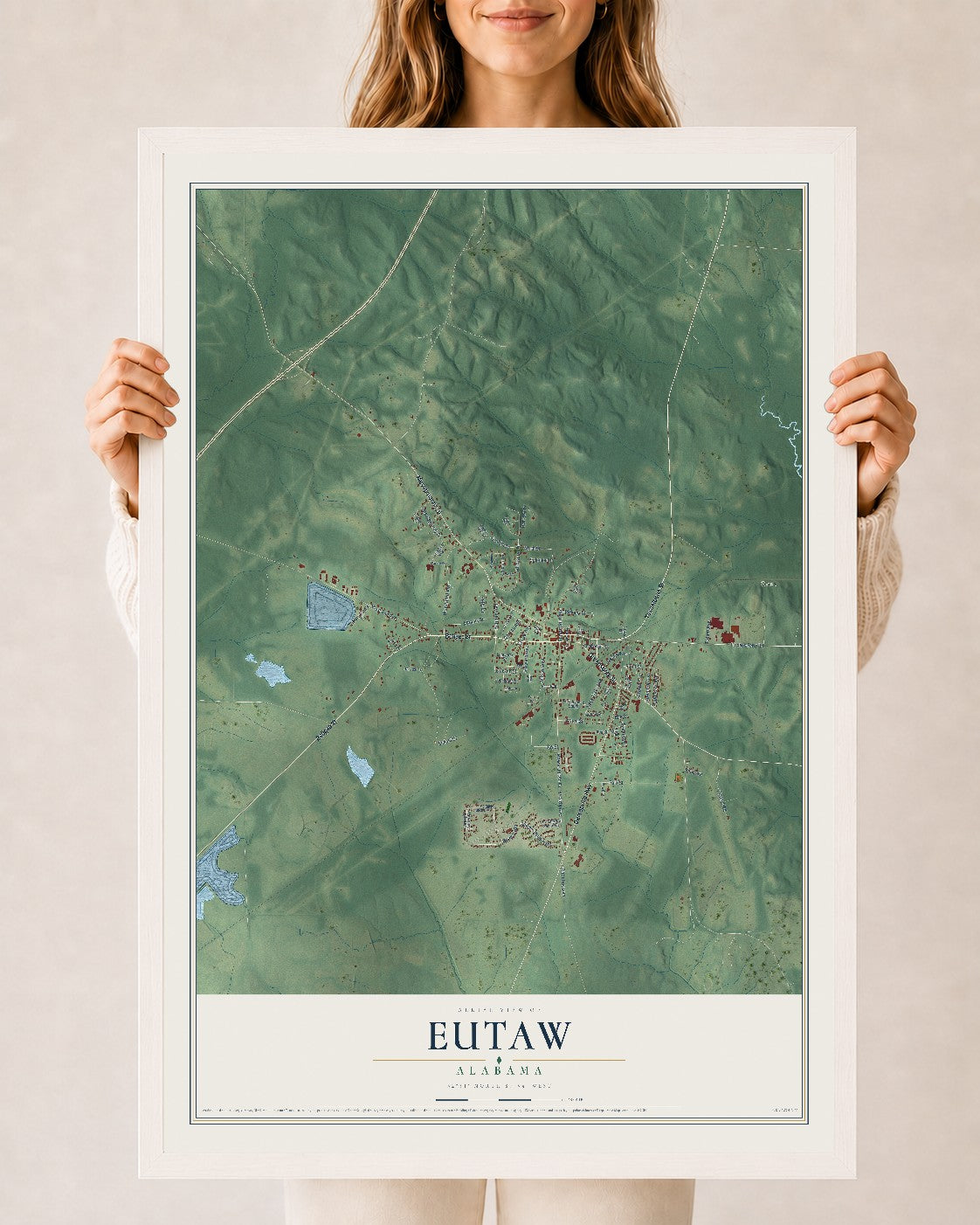 Map of Eutaw, Alabama, 24 x 36 inch print in a white wood frame