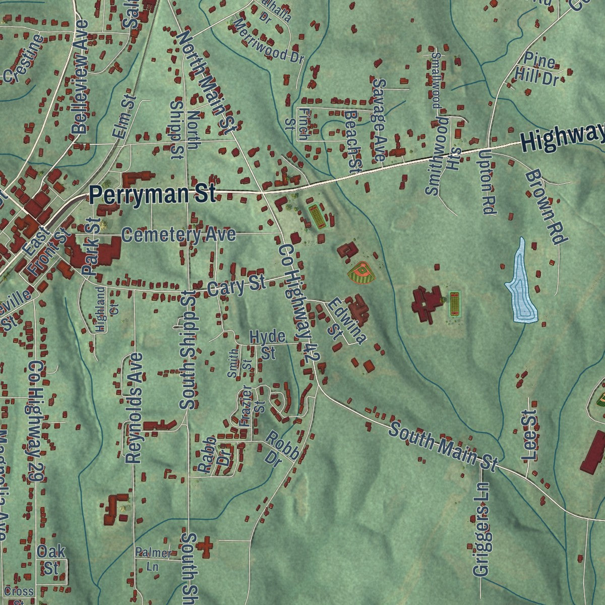 Close-up of the map of Evergreen, Alabama print showing street and building detail