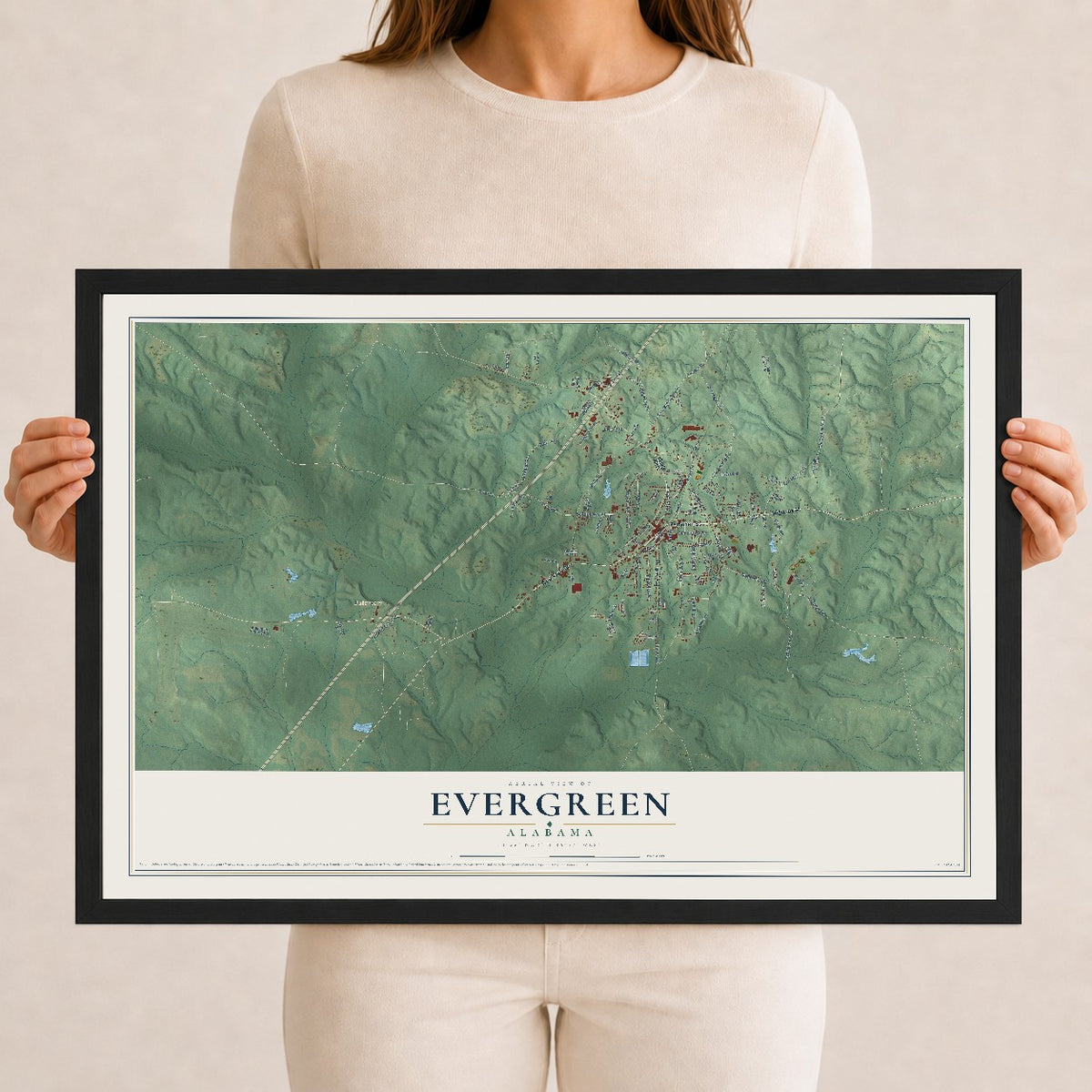 Map of Evergreen, Alabama, 12 x 18 inch print in a black wood frame