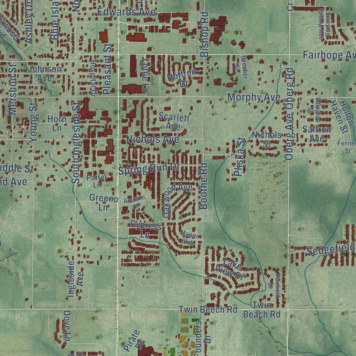 Close-up of the map of Fairhope, Alabama print showing street and building detail