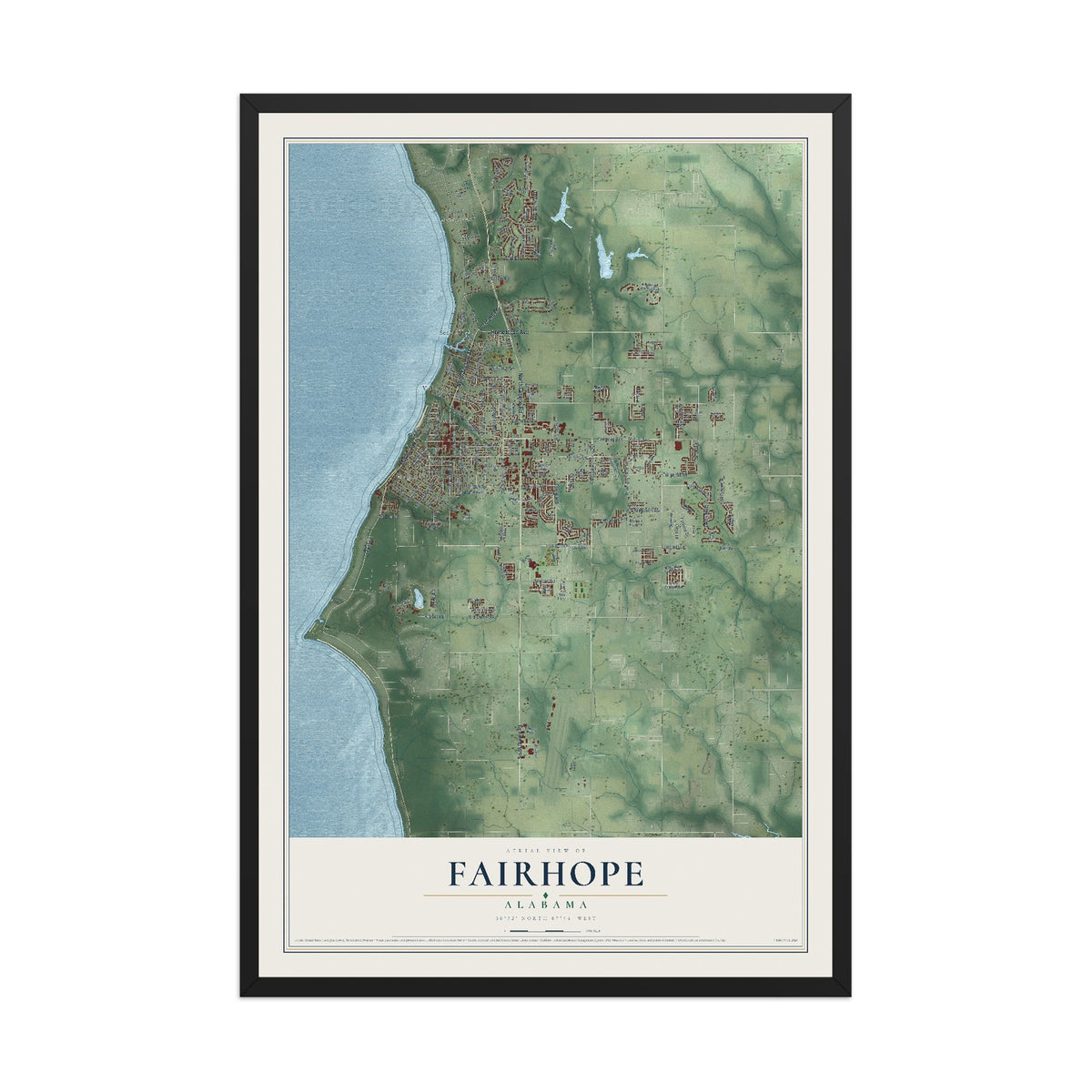 Map of Fairhope, Alabama, 12 x 18 inch print in a black wood frame
