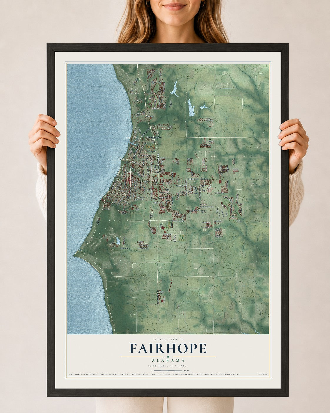 Map of Fairhope, Alabama, 24 x 36 inch print in a black wood frame