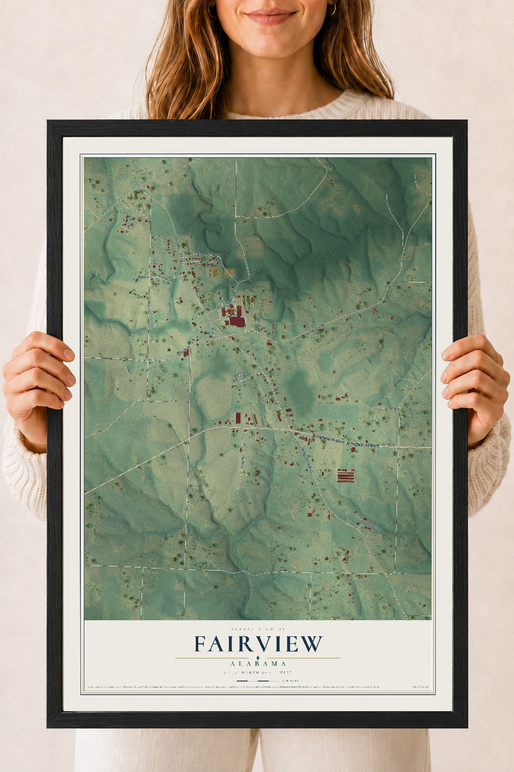 Map of Fairview, Alabama, 18 x 24 inch print in a black wood frame