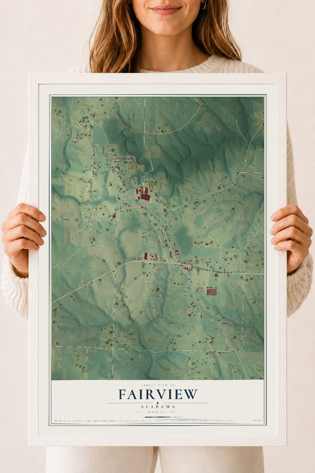 Map of Fairview, Alabama, 18 x 24 inch print in a white wood frame