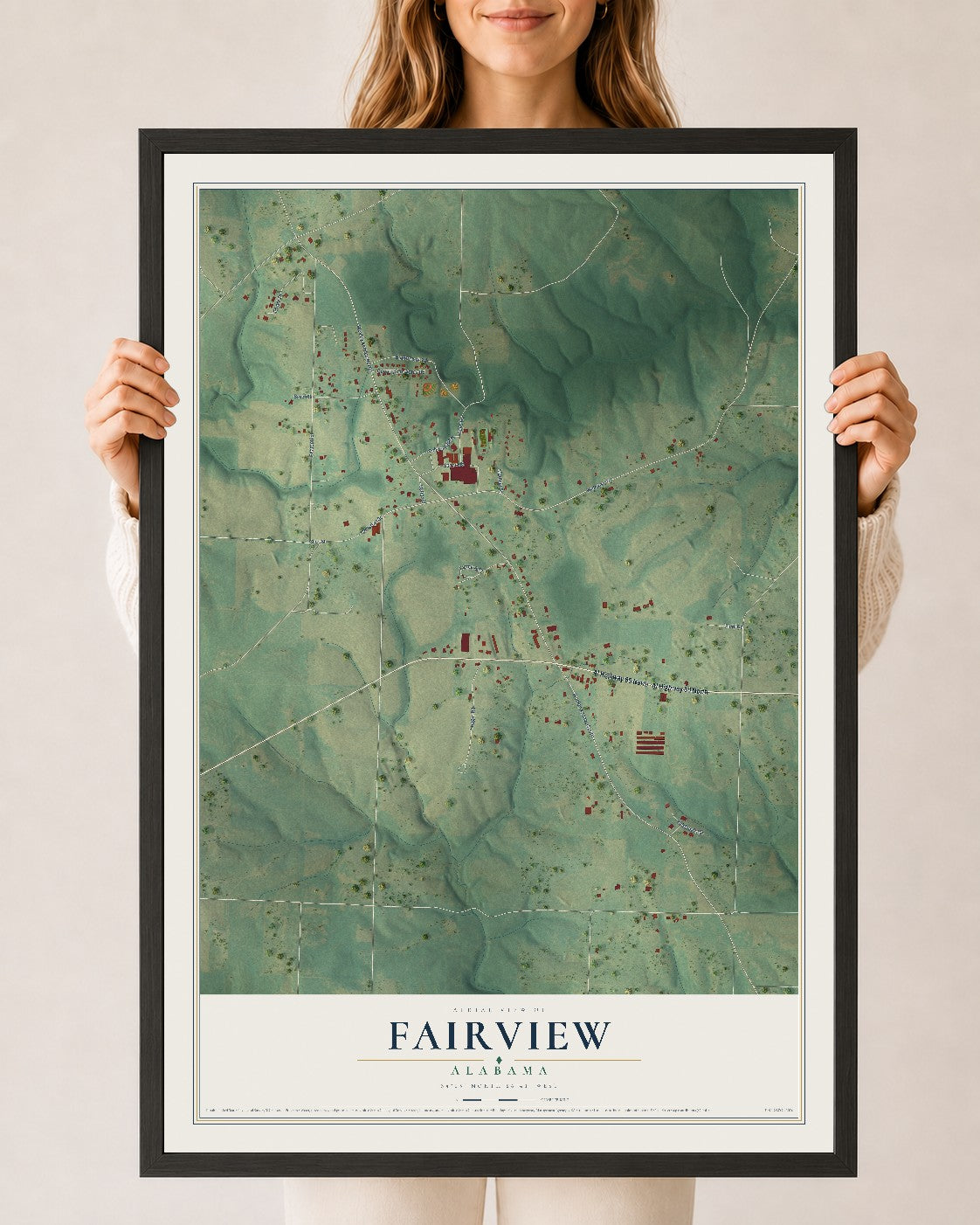 Map of Fairview, Alabama, 24 x 36 inch print in a black wood frame