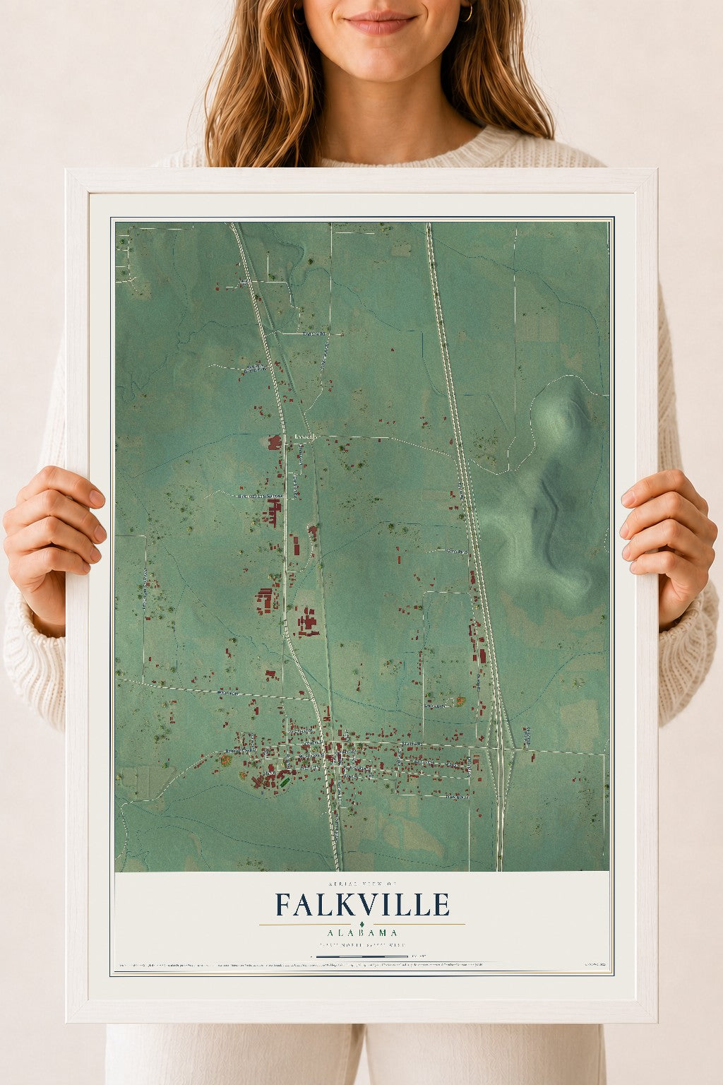 Map of Falkville, Alabama, 18 x 24 inch print in a white wood frame