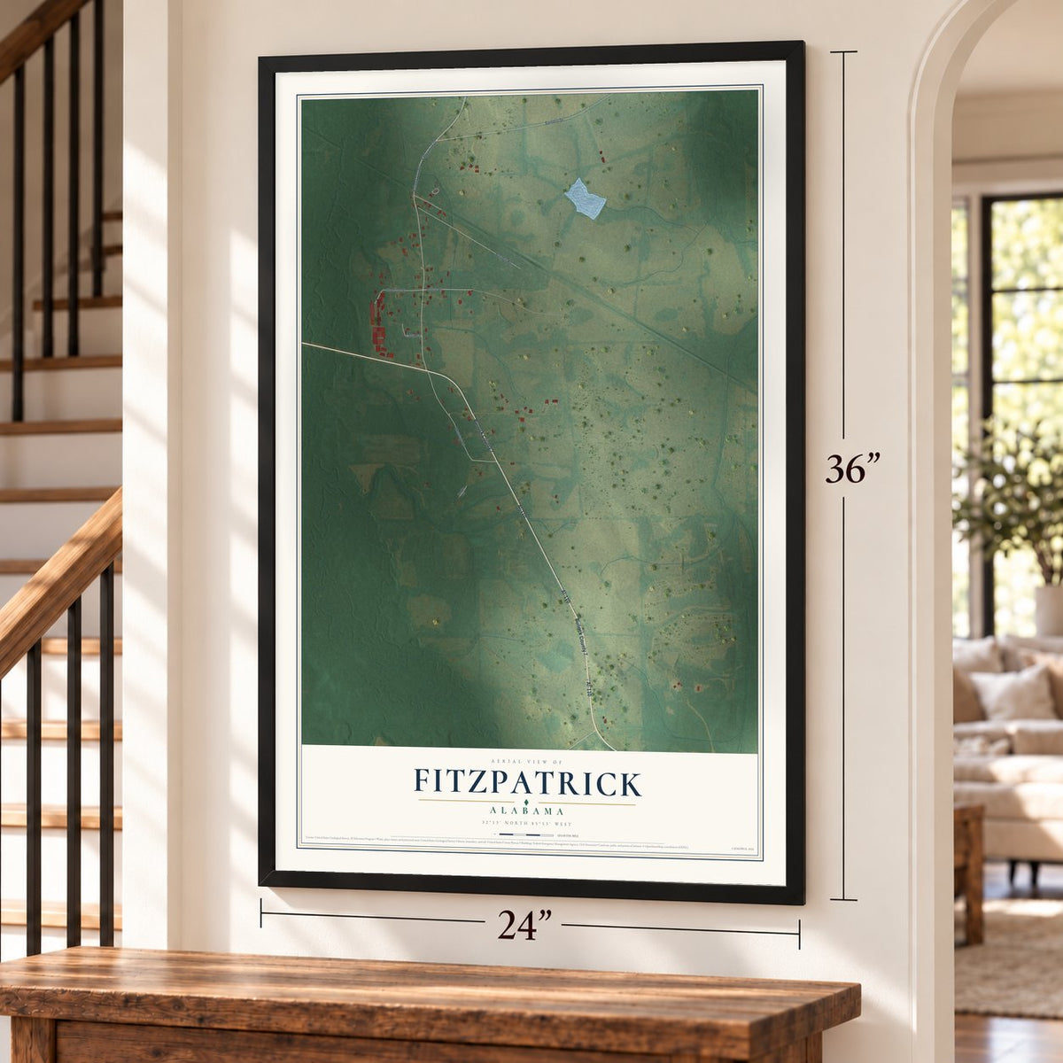 Fitzpatrick, Alabama map, 24 x 36 inch print in a black frame by a staircase