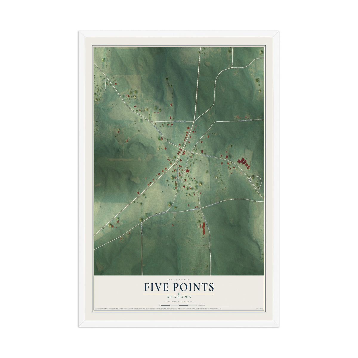 Map of Five Points, Alabama, 12 x 18 inch print in a white wood frame