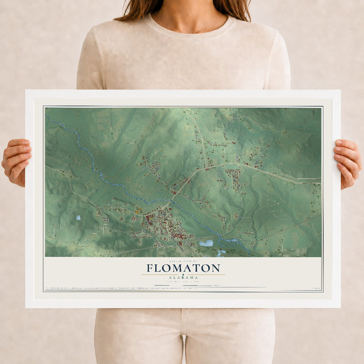 Map of Flomaton, Alabama, 12 x 18 inch print in a white wood frame
