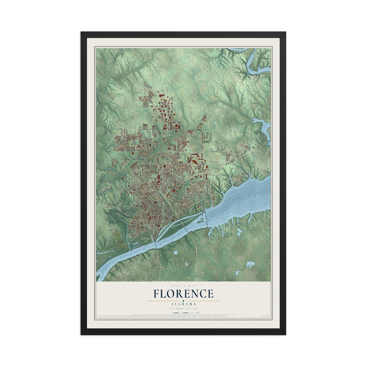Map of Florence, Alabama, 12 x 18 inch print in a black wood frame