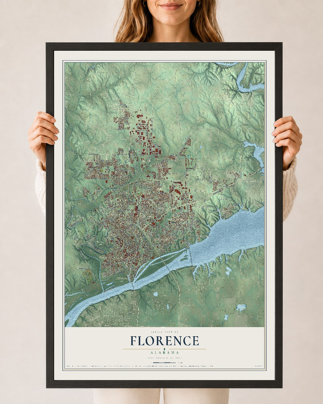 Map of Florence, Alabama, 24 x 36 inch print in a black wood frame