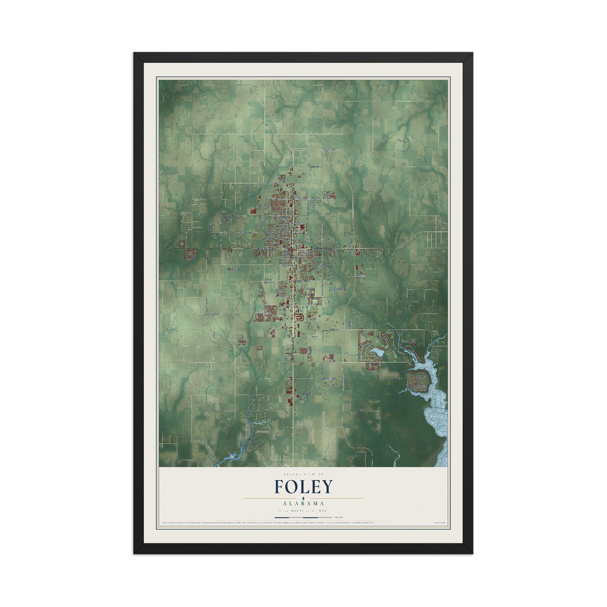 Map of Foley, Alabama, 12 x 18 inch print in a black wood frame