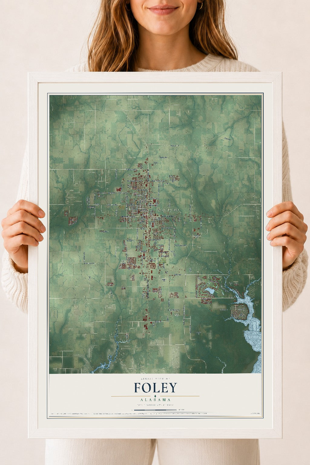 Map of Foley, Alabama, 18 x 24 inch print in a white wood frame
