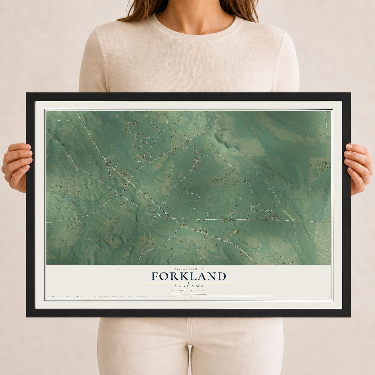 Map of Forkland, Alabama, 12 x 18 inch print in a black wood frame