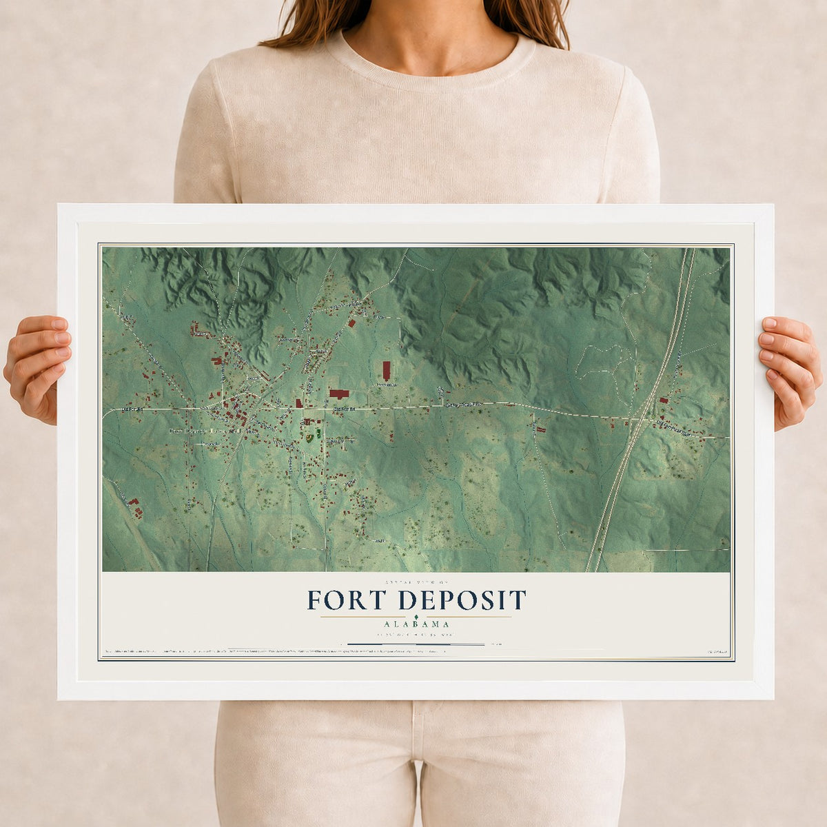 Map of Fort Deposit, Alabama, 12 x 18 inch print in a white wood frame