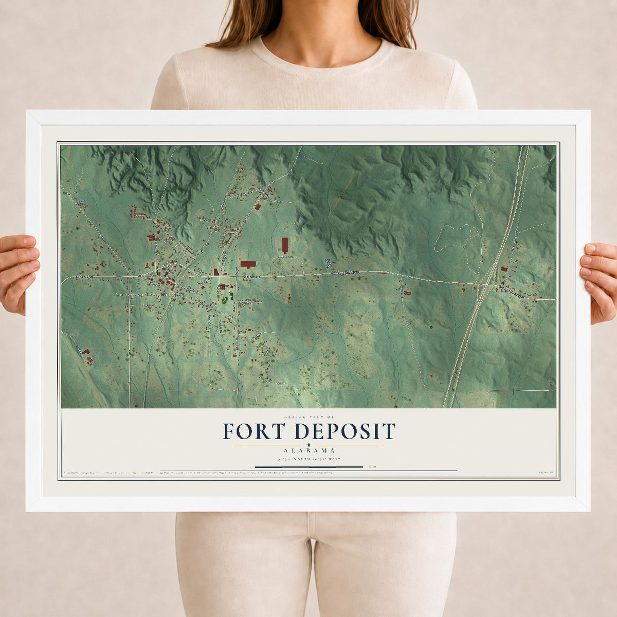 Map of Fort Deposit, Alabama, 18 x 24 inch print in a white wood frame