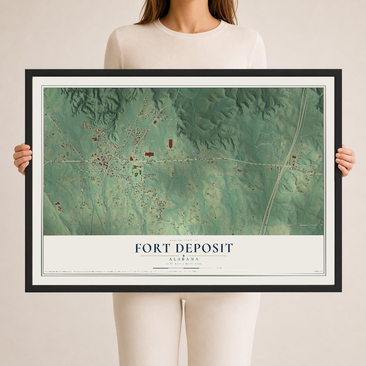 Map of Fort Deposit, Alabama, 24 x 36 inch print in a black wood frame