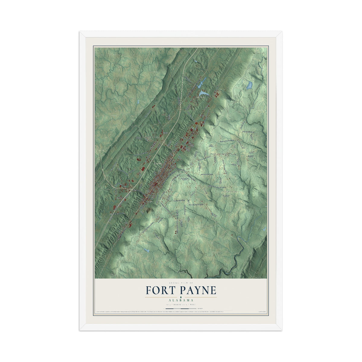 Map of Fort Payne, Alabama, 12 x 18 inch print in a white wood frame