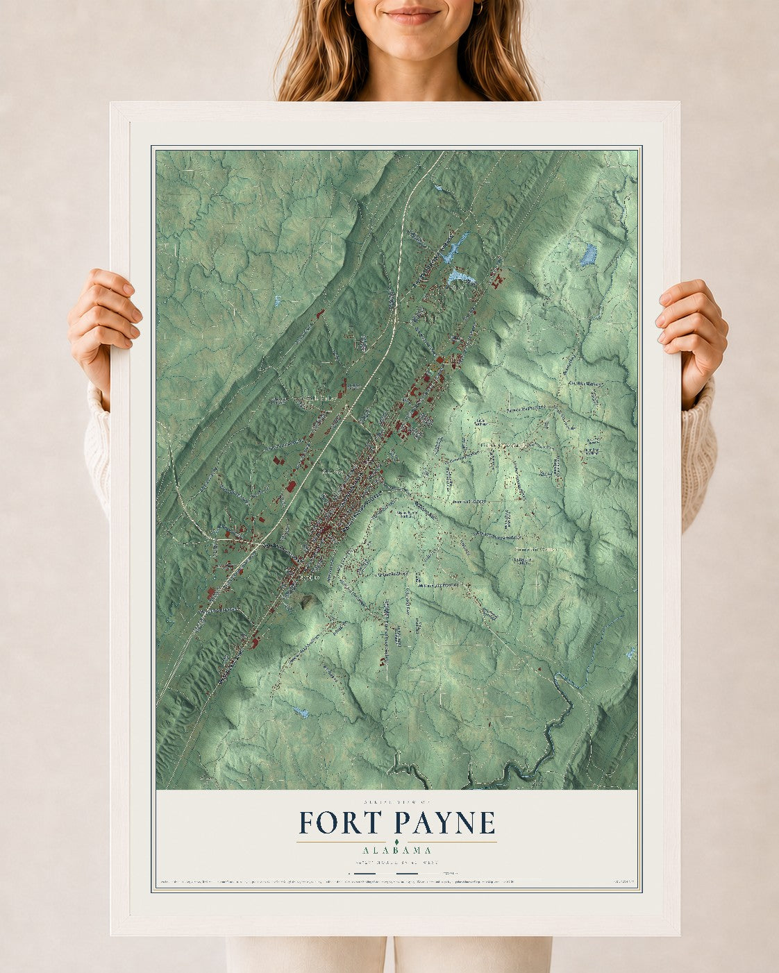 Map of Fort Payne, Alabama, 24 x 36 inch print in a white wood frame
