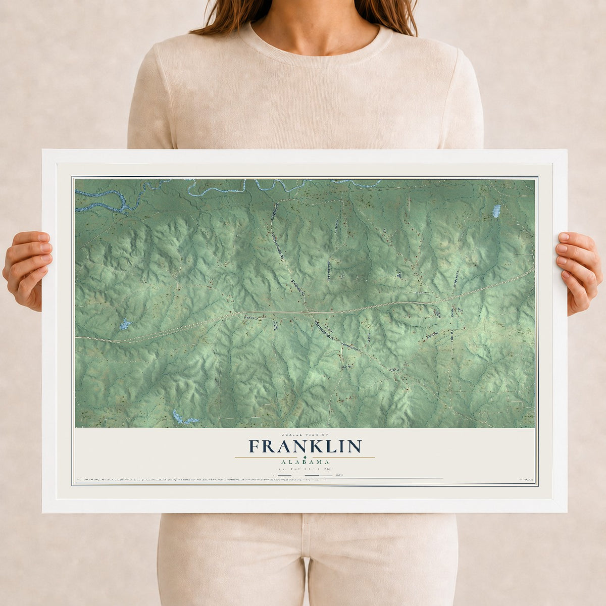 Map of Franklin, Alabama, 12 x 18 inch print in a white wood frame