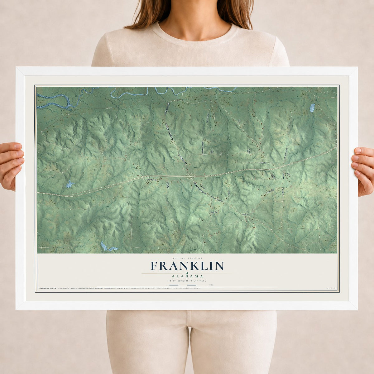 Map of Franklin, Alabama, 18 x 24 inch print in a white wood frame