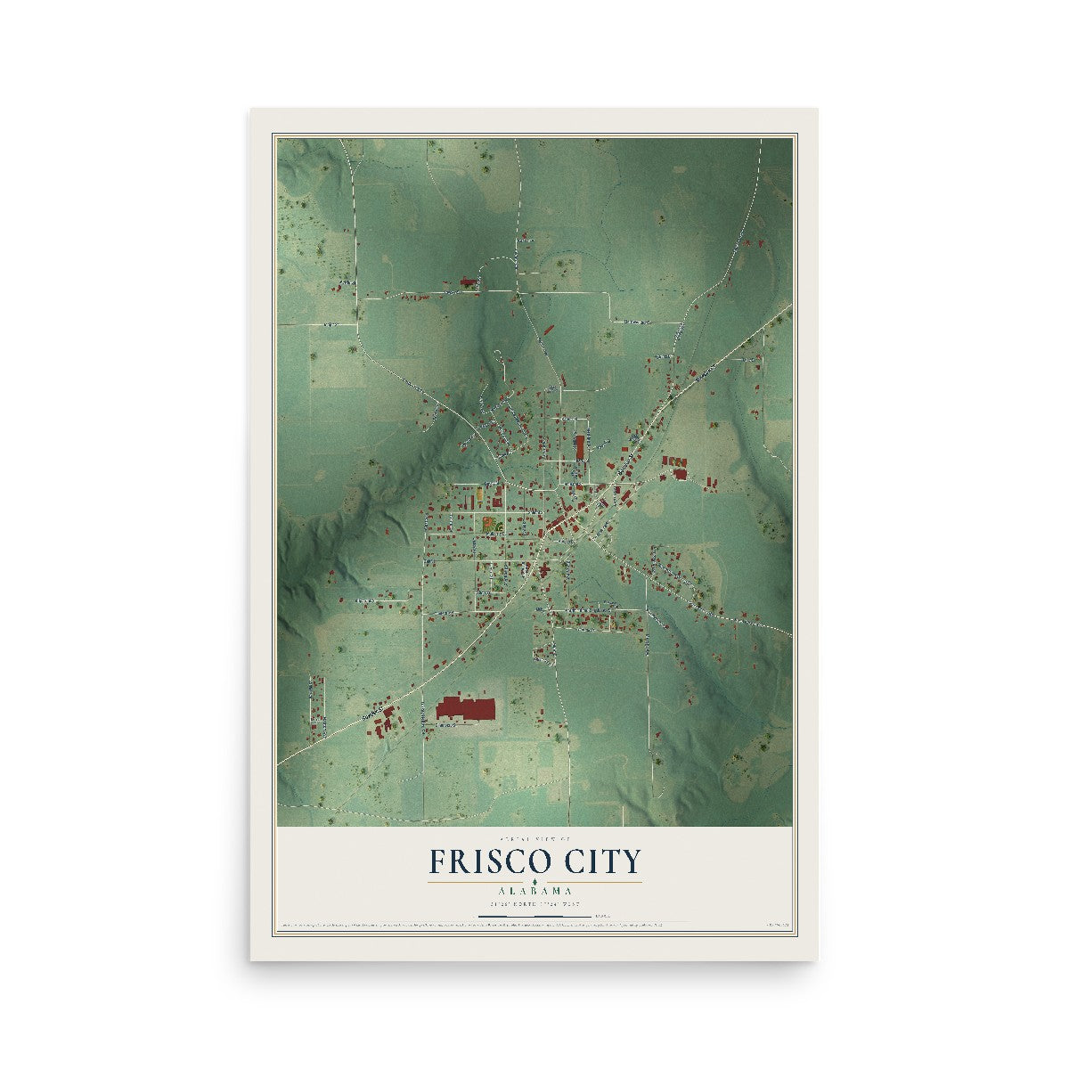 Map of Frisco City, Alabama, 12 x 18 inch unframed archival matte print