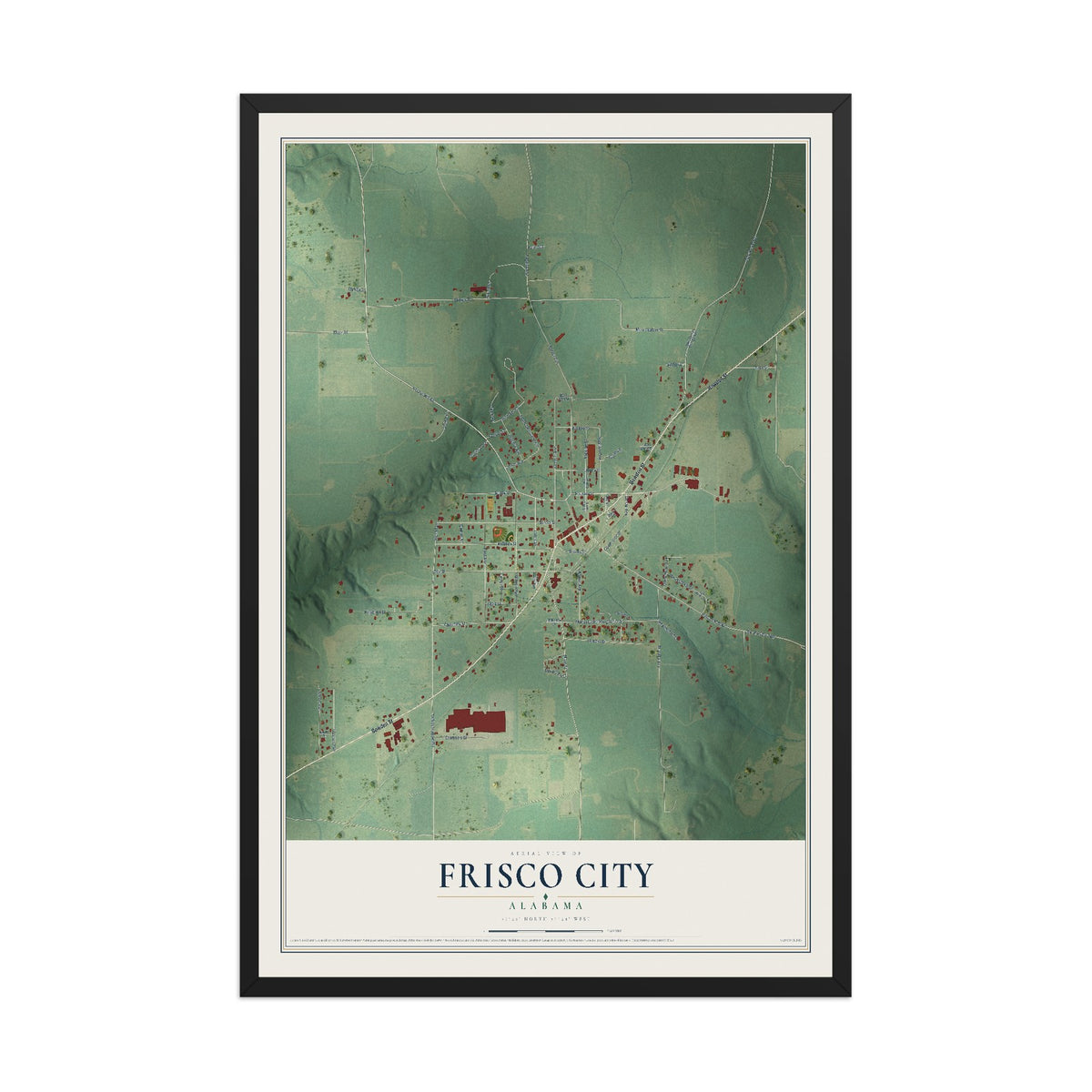 Map of Frisco City, Alabama, 12 x 18 inch print in a black wood frame