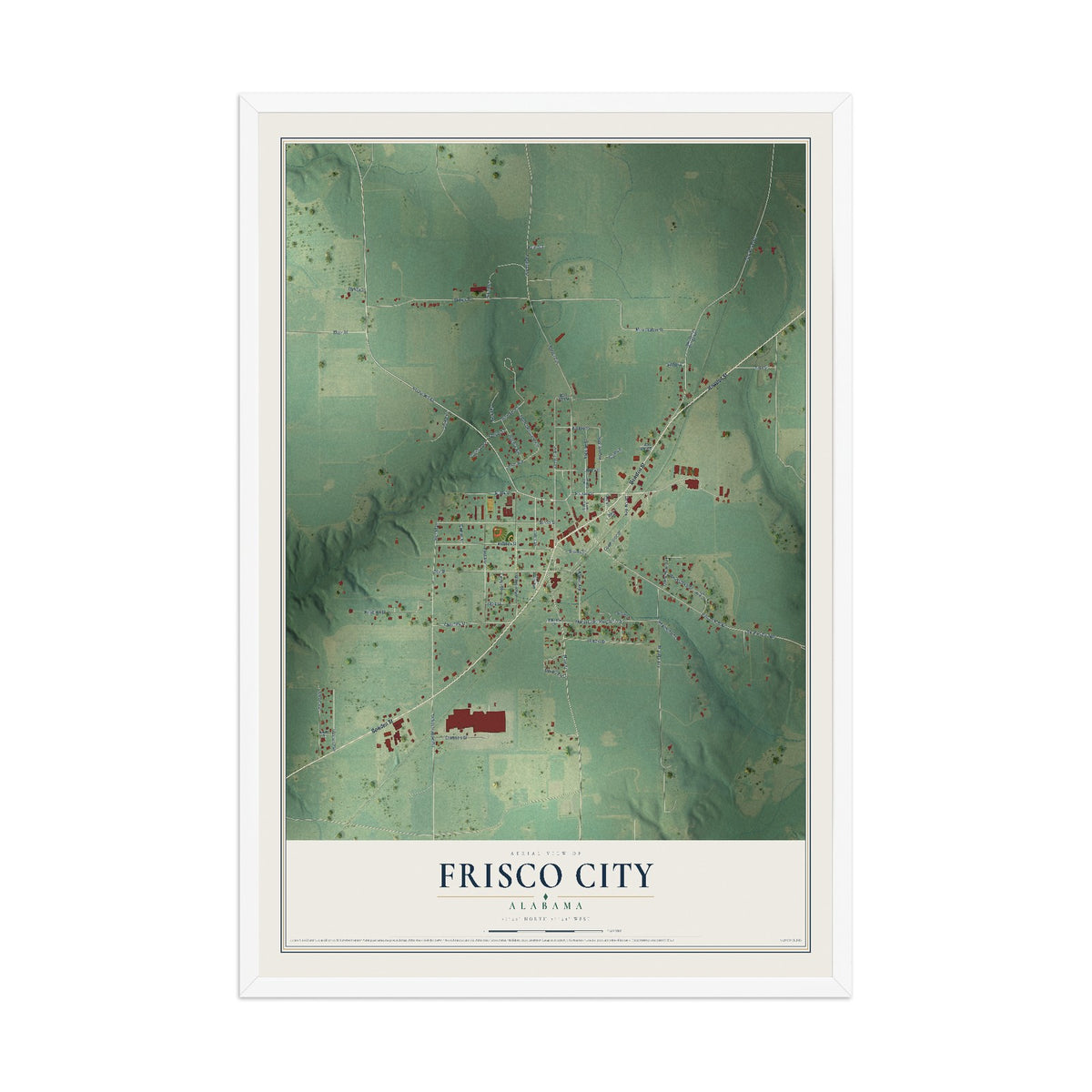 Map of Frisco City, Alabama, 12 x 18 inch print in a white wood frame