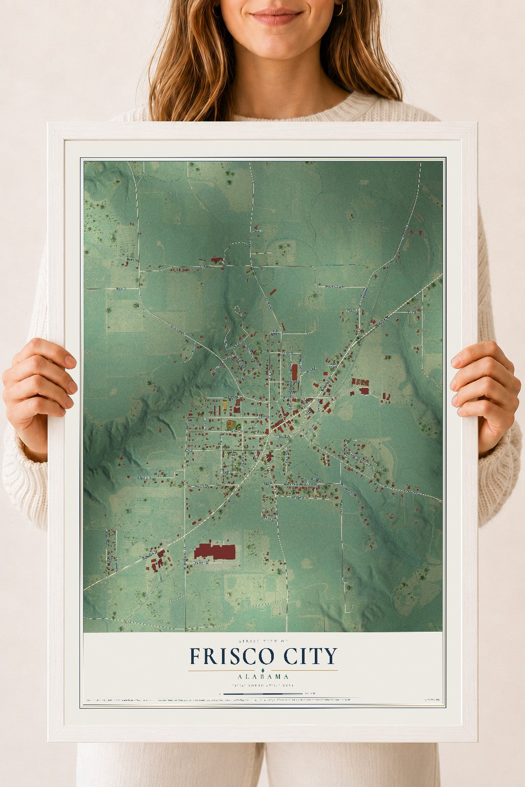 Map of Frisco City, Alabama, 18 x 24 inch print in a white wood frame